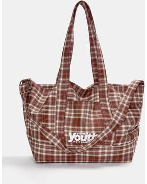 Pull&Bear Checked Tote Bag - Brown