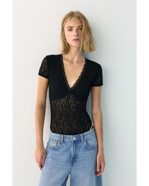 Pull&Bear Short Sleeve Lace Bodysuit - Black