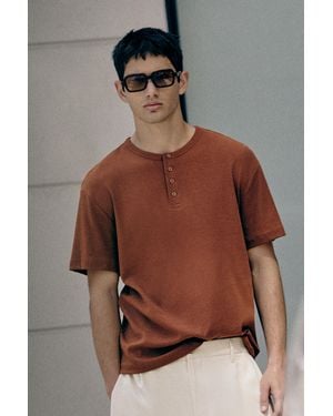 Pull&Bear Slim-Fit Henley T-Shirt - Brown