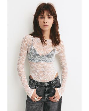 Pull&Bear Long Sleeve Lace Bodysuit - White