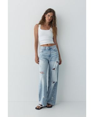 Pull&Bear Ripped Baggy Jeans With Rhinestones - Blue