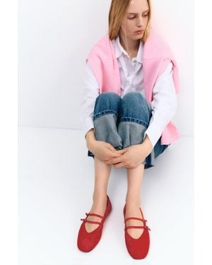 Pull&Bear Leather Strap Ballerinas - Red