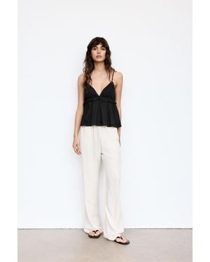 Pull&Bear Ruffled Linen Top - Black