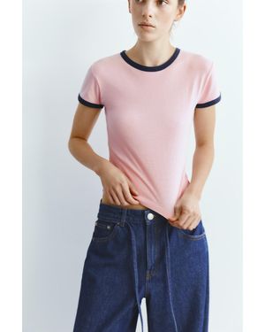 Pull&Bear Short Sleeve Ribbed T-Shirt - Blue