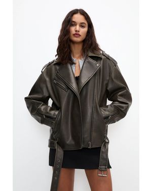 Pull&Bear Distressed Faux Leather Biker Jacket - Multicolour