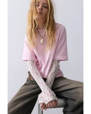 Pull&Bear Lace Double-Layer Sleeve T-Shirt - Pink