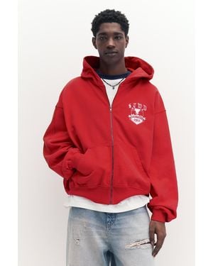 Pull&Bear Stwd Zip-Up Hoodie - Red