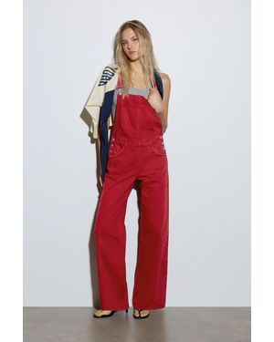 Pull&Bear Long Denim Dungarees - Red