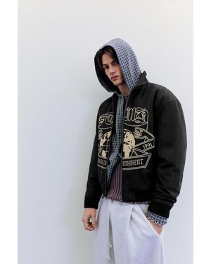 Pull&Bear Embroidered Leather Effect Bomber Jacket - Black