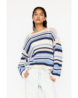 Pull&Bear Striped Crochet Cardigan - Blue