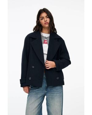 Pull&Bear Short Felt Texture Coat - Blue