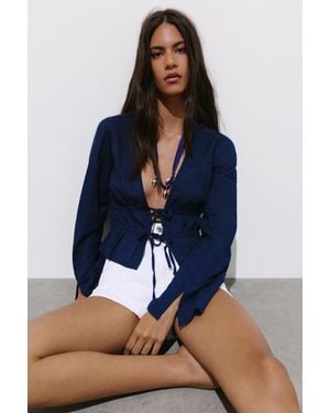 Pull&Bear Denim Blouse With Ties - Blue