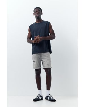 Pull&Bear Ripped Denim Bermuda Shorts - Blue
