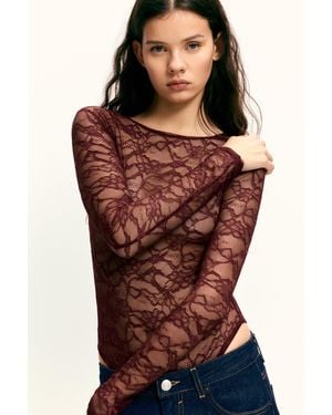 Pull&Bear Long Sleeve Lace Bodysuit - Red