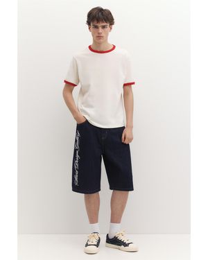 Pull&Bear Text Skater Denim Bermuda Shorts - Blue