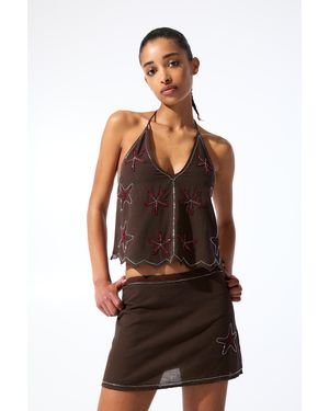 Pull&Bear Beaded Halter Top - Brown