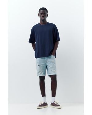 Pull&Bear Ripped Denim Bermuda Shorts - Blue