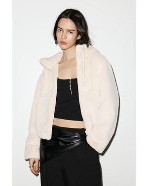 Pull&Bear Faux Fur Hooded Jacket - Brown