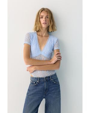 Pull&Bear Short Sleeve Lace Bodysuit - Blue