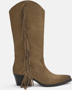 Pull&Bear Fringed Leather Cowboy Boots - Brown
