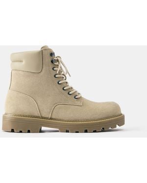 Pull&Bear Leather Lace-Up Boots - Natural
