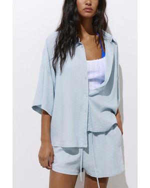 Pull&Bear Short Sleeve Linen Blend Shirt - Blue