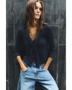 Pull&Bear Long Sleeve Frill Top - Black