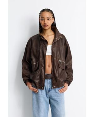 Pull&Bear Faux Leather Jacket With Zips - Brown