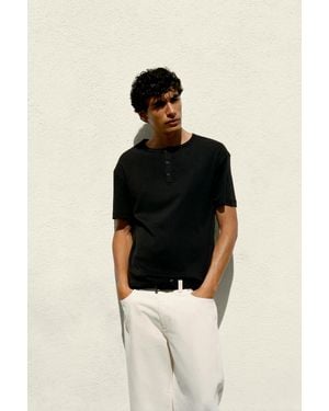 Pull&Bear Basic Henley-T-Shirt - Schwarz