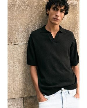 Pull&Bear Terry Textured Polo Shirt - Black