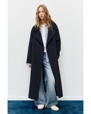 Pull&Bear Pinstripe Coat With Belt - Blue