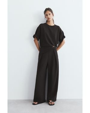 Pull&Bear Soft-Touch Wide-Leg Darted Trousers - Black