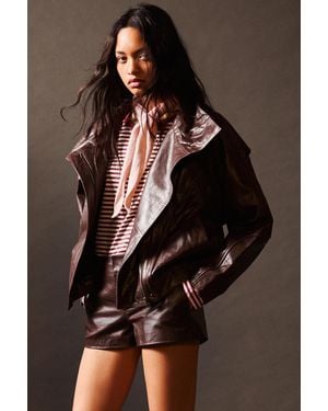 Pull&Bear 100% Leather Biker Jacket - Brown