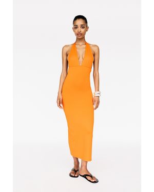 Pull&Bear Polyamide V-Neck Midi Dress - Orange