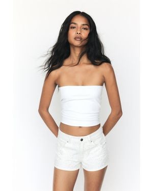 Pull&Bear Rhinestone Denim Shorts - White