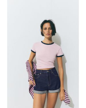 Pull&Bear Mom Fit Denim Shorts With Turn-Up Hems - Blue