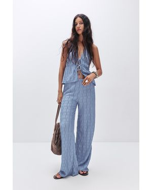 Pull&Bear Textured Flared Trousers - Blue