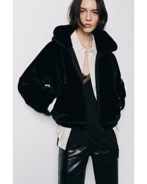 Pull&Bear Faux Fur Hooded Jacket - Black
