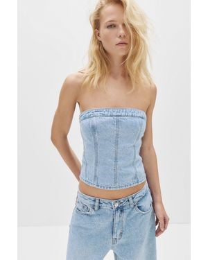 Pull&Bear Corsetry-Inspired Denim Top With Rhinestones - Blue