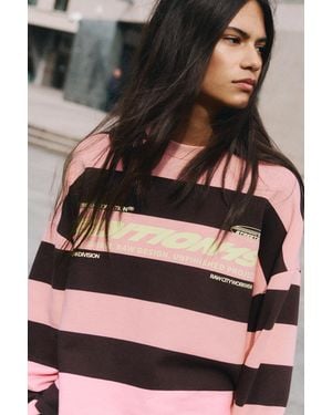 Pull&Bear Striped Round Neck Slogan Sweatshirt - Multicolour