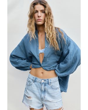 Pull&Bear Stand Collar Voile Effect Shirt - Blue