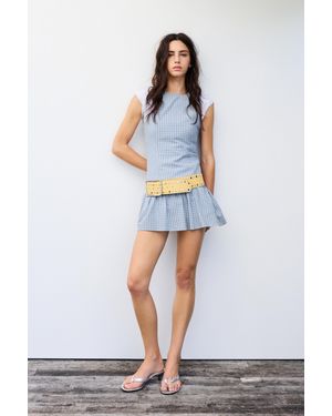 Pull&Bear Short Check Dress With Voluminous Hem - Blue