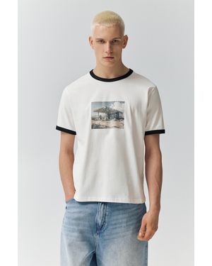 Pull&Bear Short Sleeve T-Shirt With Graphic And Rib Trim - Grey