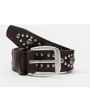 Pull&Bear Leather Effect Studded Belt - Black