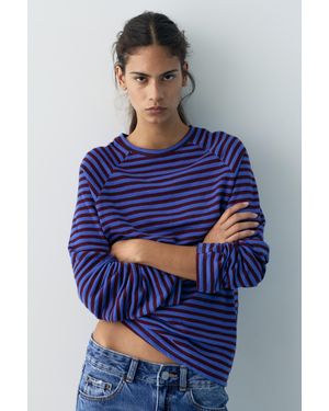Pull&Bear Long-Sleeve Striped T-Shirt - Blue
