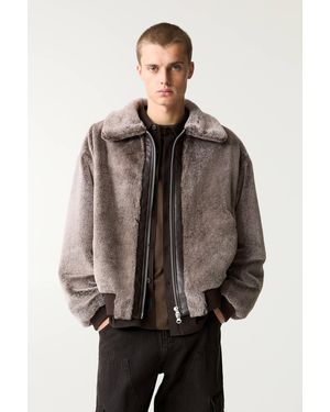 Pull&Bear Contrast Faux Fur Jacket - Grey