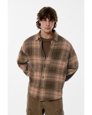 Pull&Bear Long Sleeve Check Shirt - Brown
