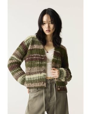 Pull&Bear Striped Knit Cardigan - Green