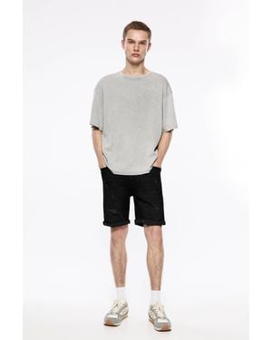 Pull&Bear Ripped Denim Bermuda Shorts - Black