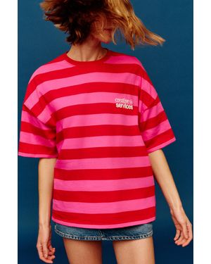 Pull&Bear Striped Short Sleeve T-Shirt - Red